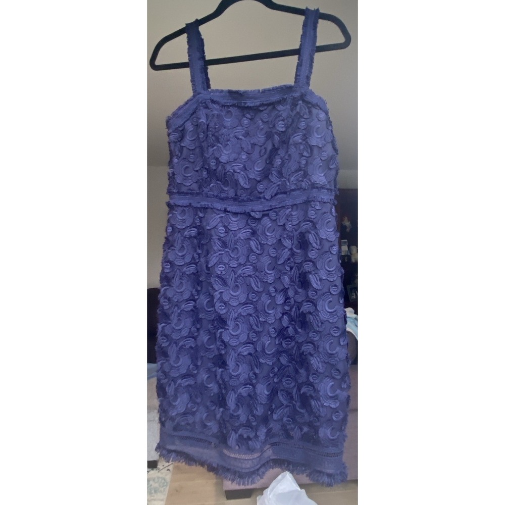 Trina Turk Navy‎ Embroidered Lace Sheath Dress 3D Floral & Fringe Sz 10